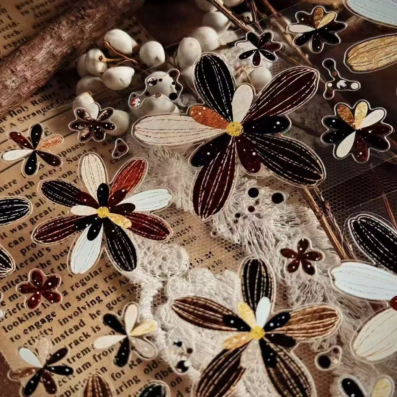 Vintage Brown Daisies Pre-cut PET Tape (5 x 100 cm) 1 loop