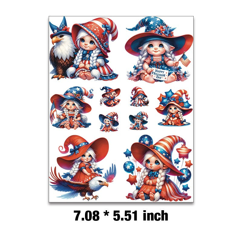 E-115- Happy freedom day gnome girl Embossed sticker 1 Pcs