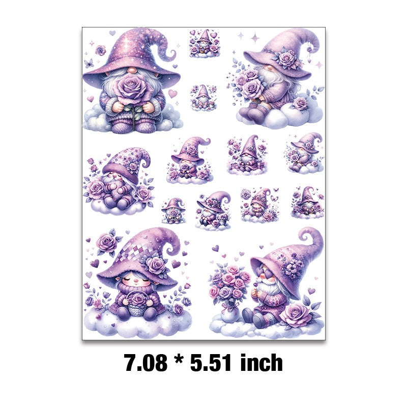 E-133- Purple rose Gnome Embossed sticker 1 Pcs