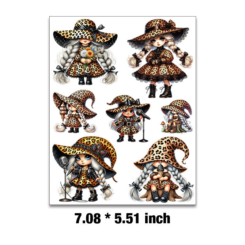 E-15- Leopard print gnome girl Embossed sticker 1 Pcs