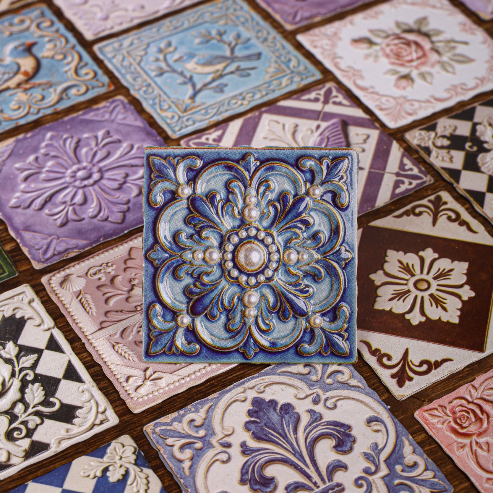 Vintage Embossed Tile Cardstock Stickers -10Pcs each pack