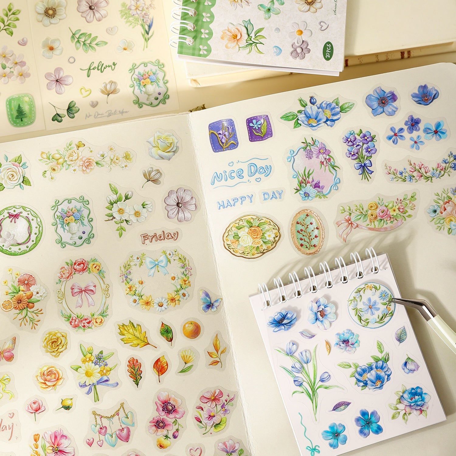 Iridescent Floral Painting PET Sticker Book -20Pcs each pack