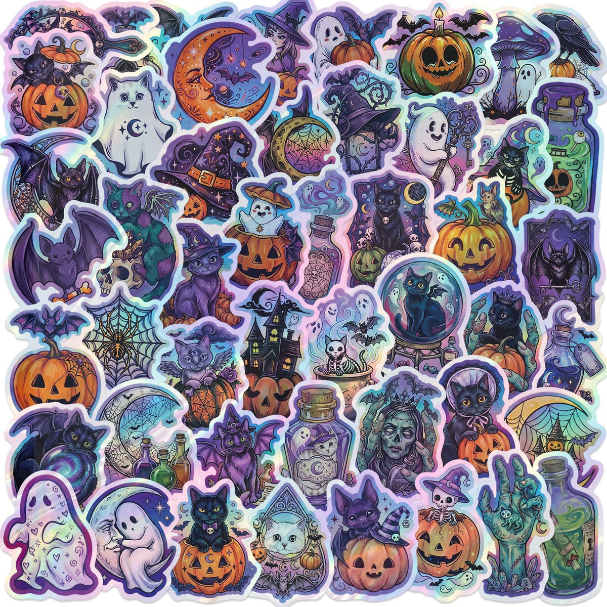 50 Halloween Holographic Solid Sticker With Silver Border