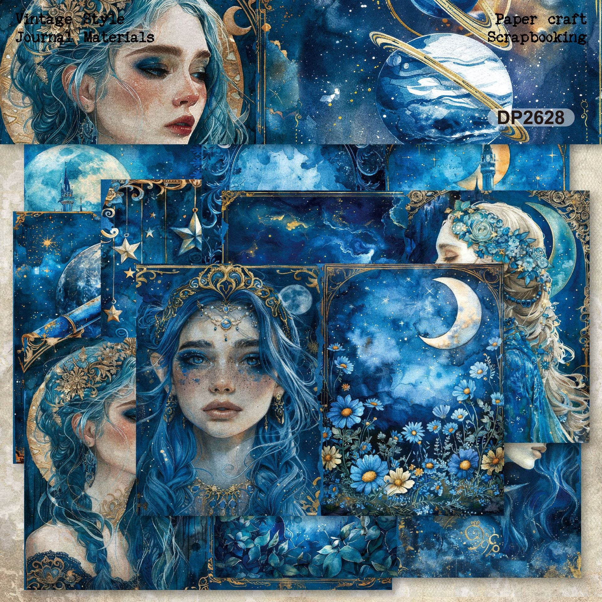 A5 Vintage Starry Sky Girl Background Paper -8Pcs each pack