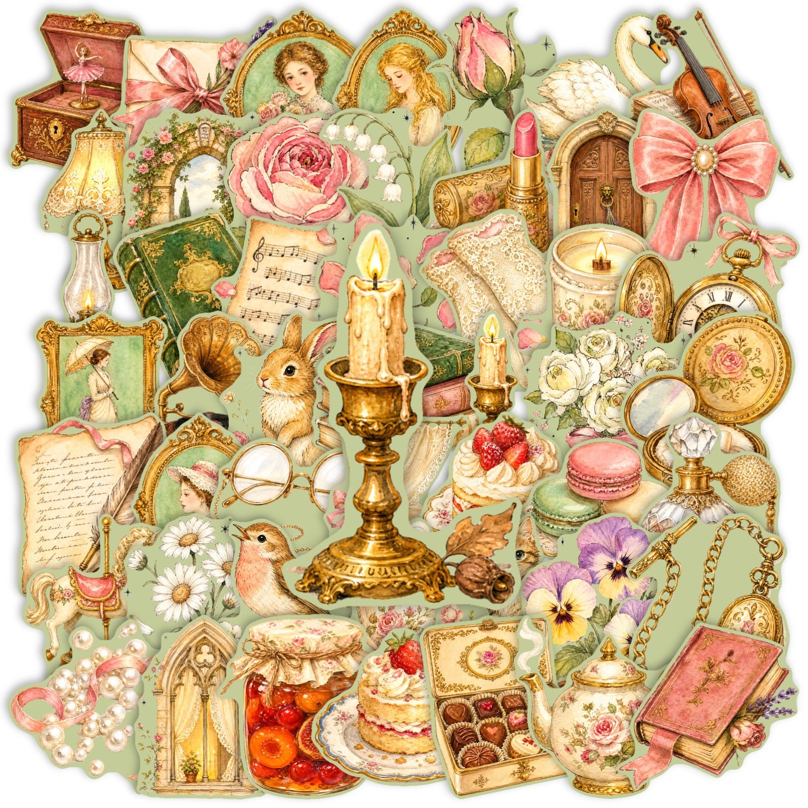 50 Vintage Artistic Journal Decor Solid Sticker With Green border