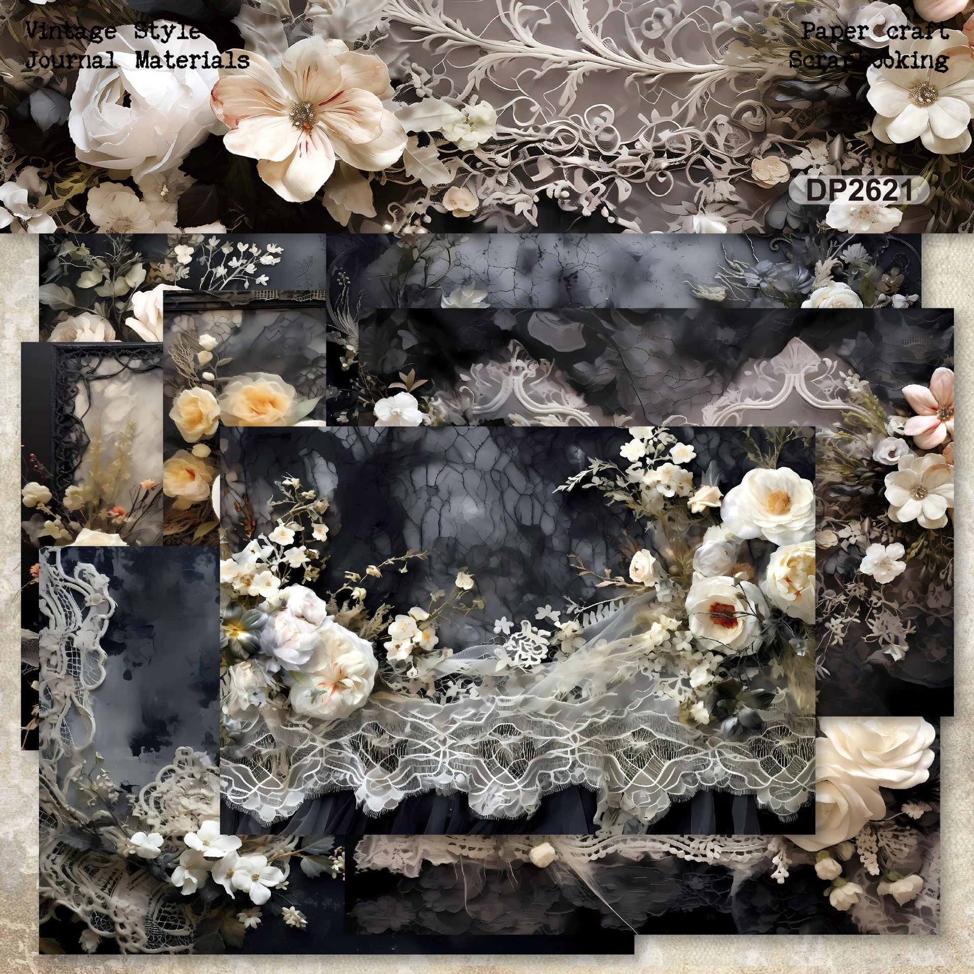 A5 Dark Lace White Camellia Background Paper -8Pcs each pack