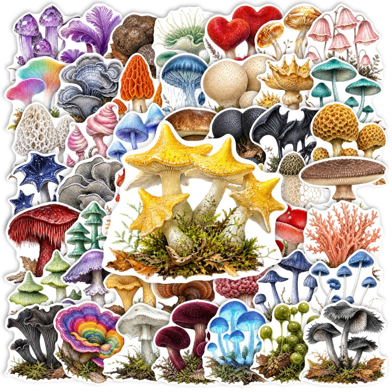 50 Fantasy Forest Mushrooms Solid Sticker With White Border