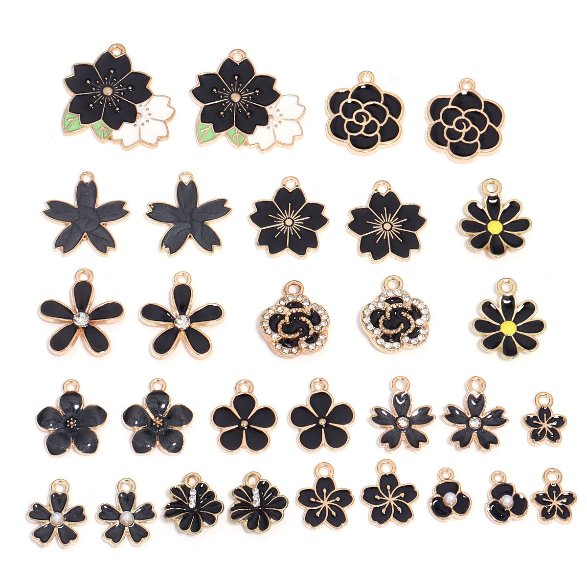 Black Flowers Mixed Charms 30 psc