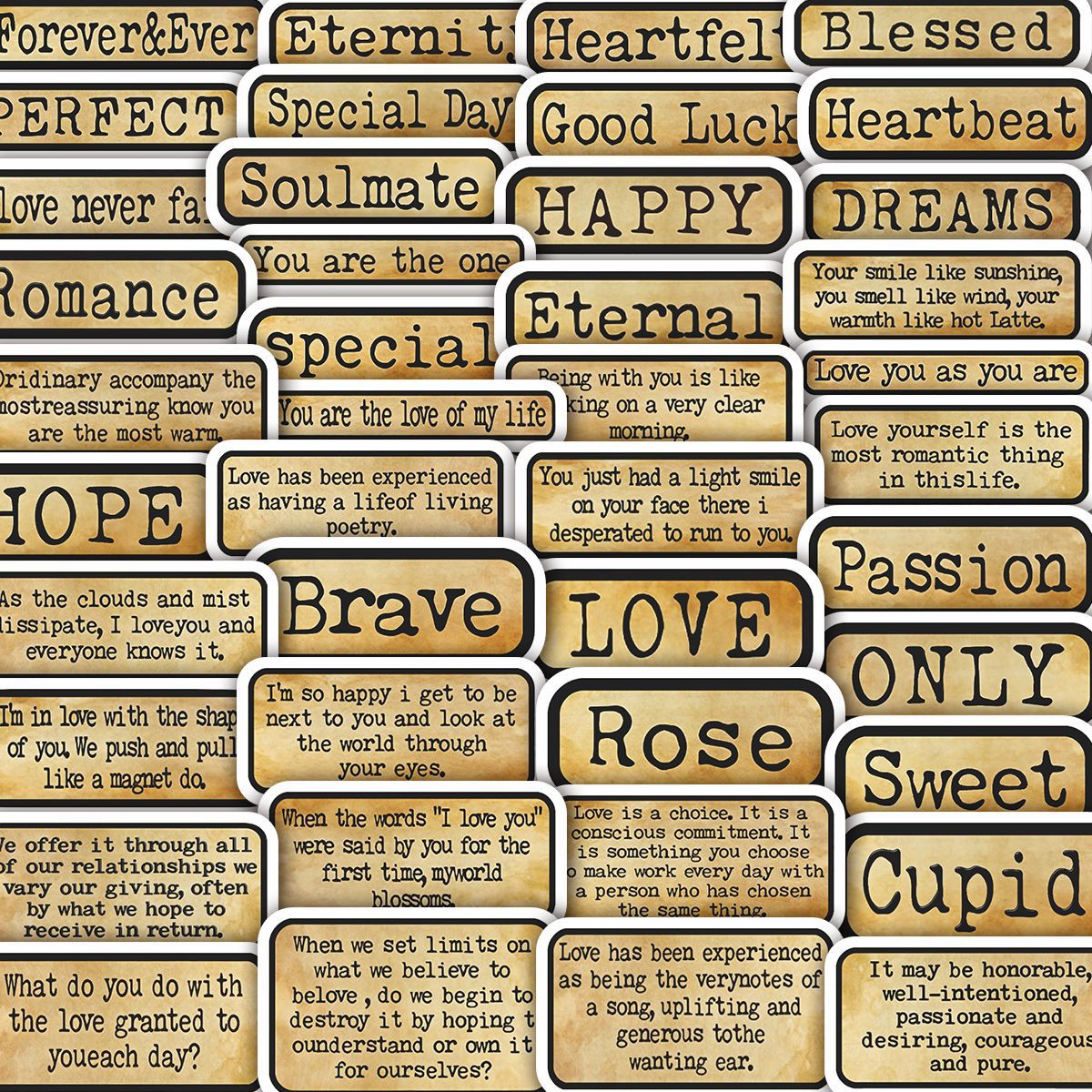 50 Vintage English Phrases Stickers solid with white border