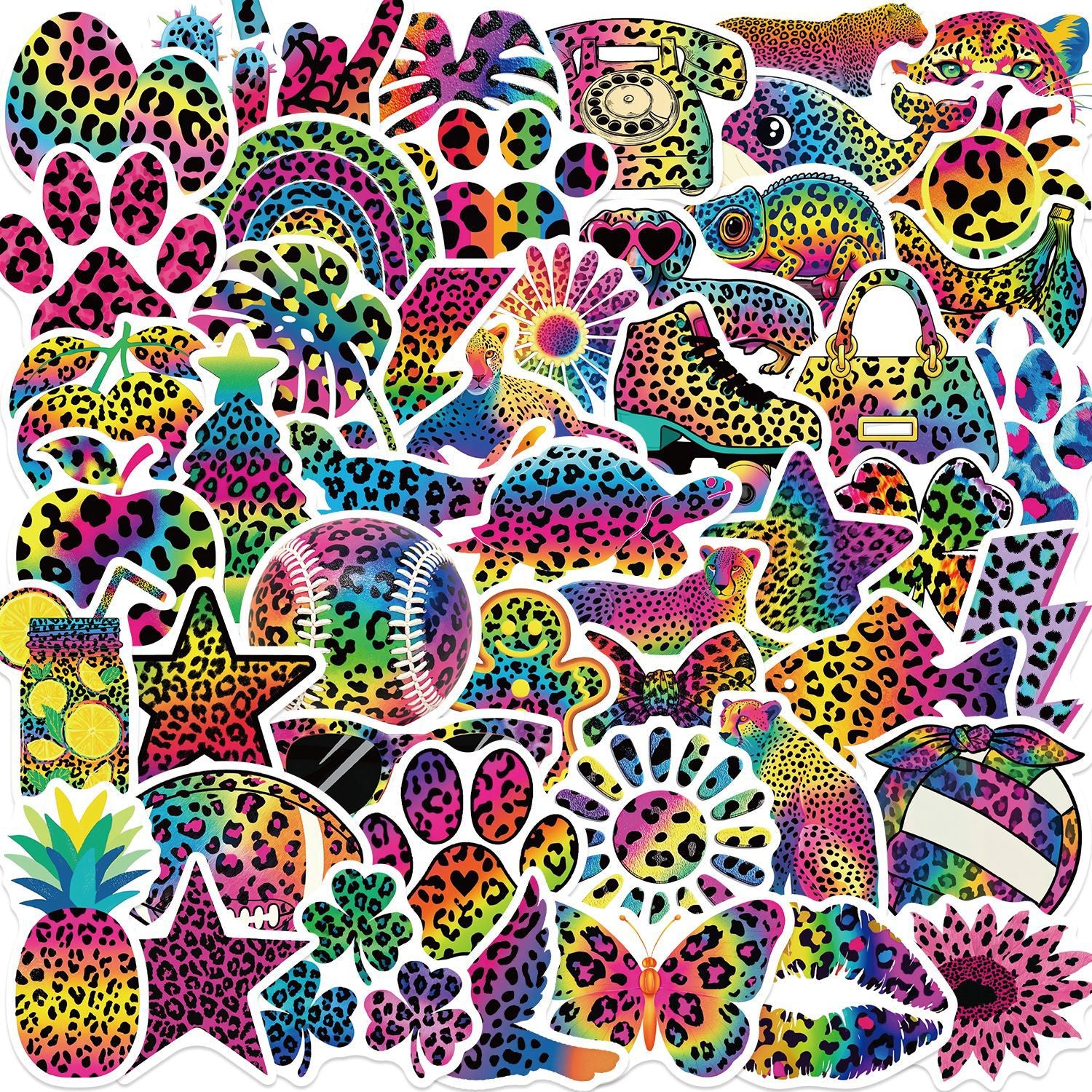 50 Vintage Colorful Leopard Print Solid Sticker With White Border