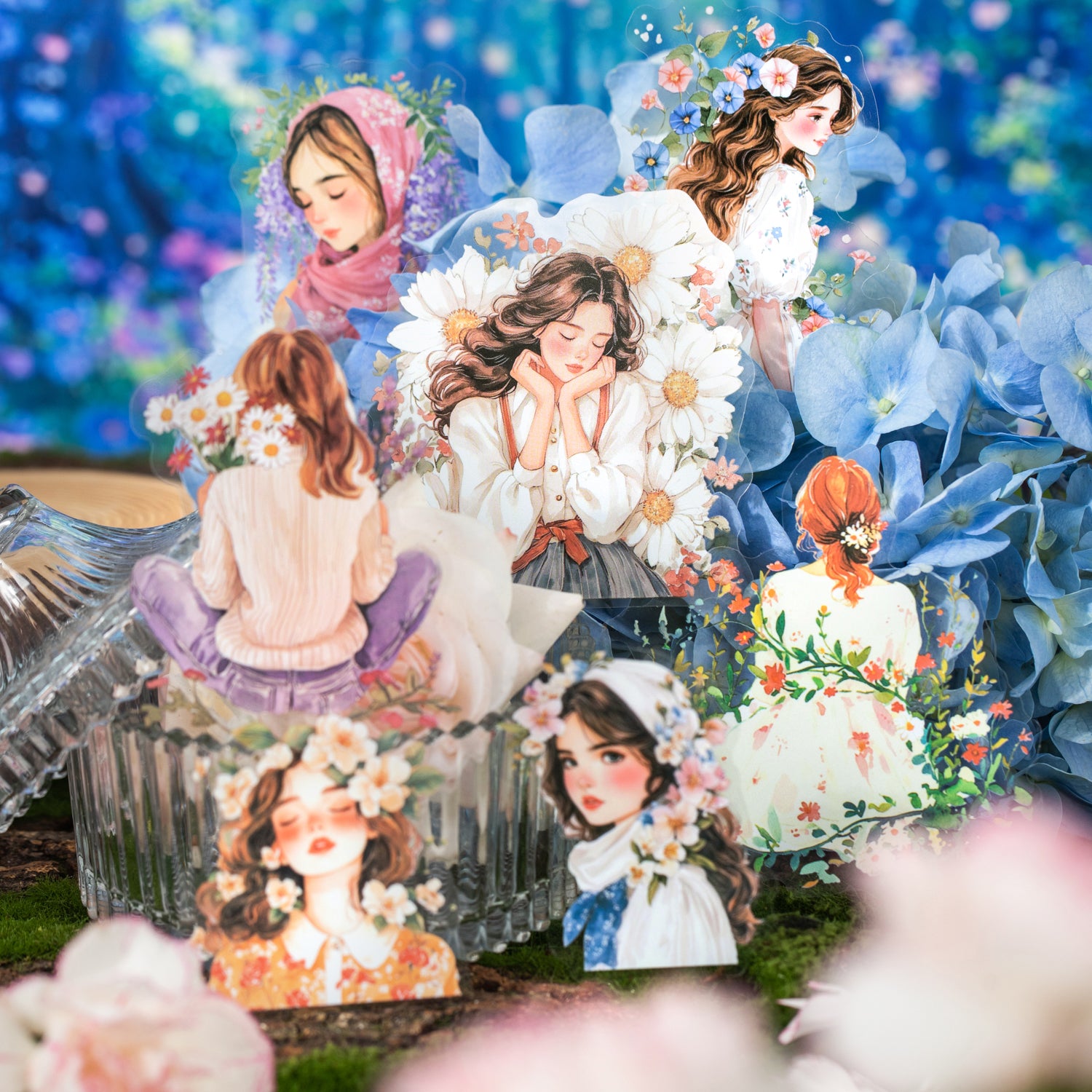 0625 Flowers and girl PET Sticker -6Pcs each pack