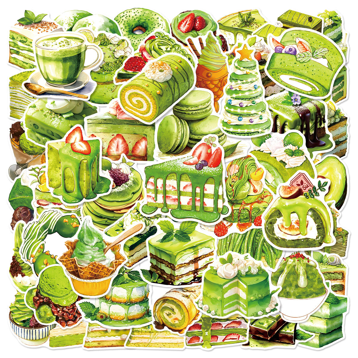 0908 50 Matcha-flavored desserts Stickers solid with white border