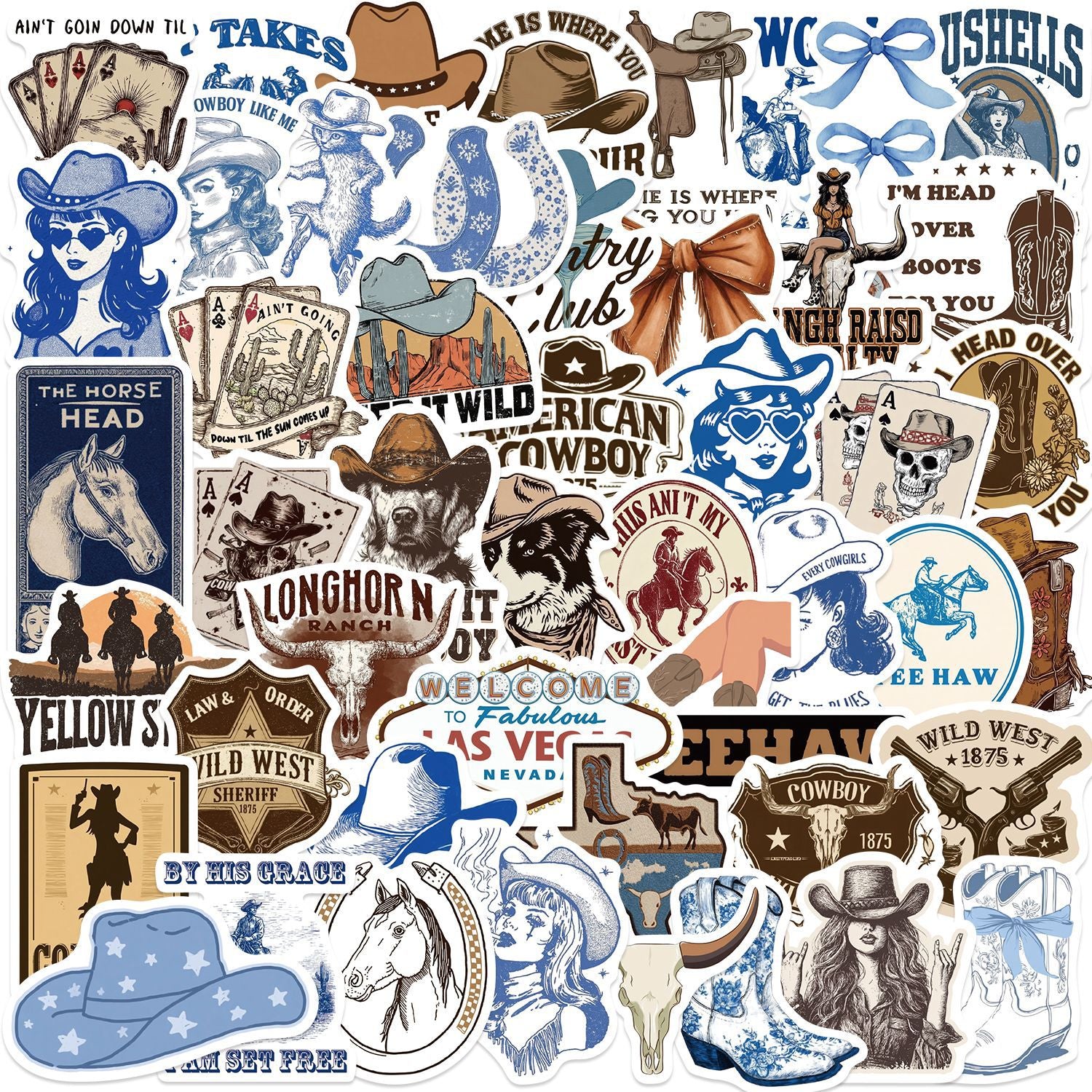 50 western cowboy Stickers solid with white border