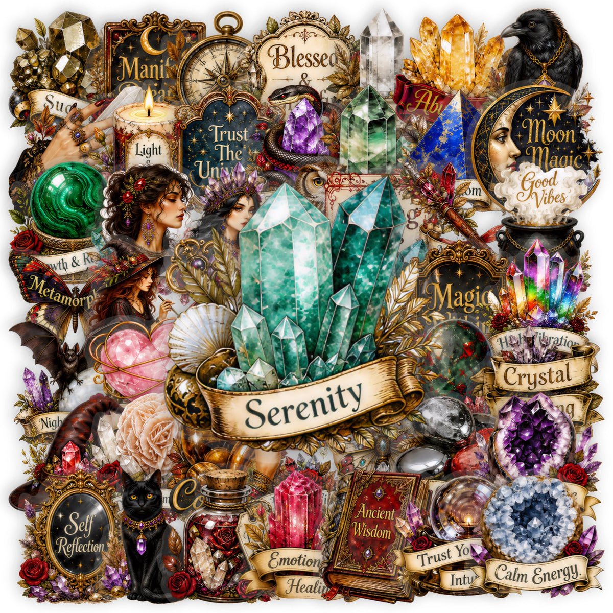 50 Vintage Magic Crystal Witch PET Sticker