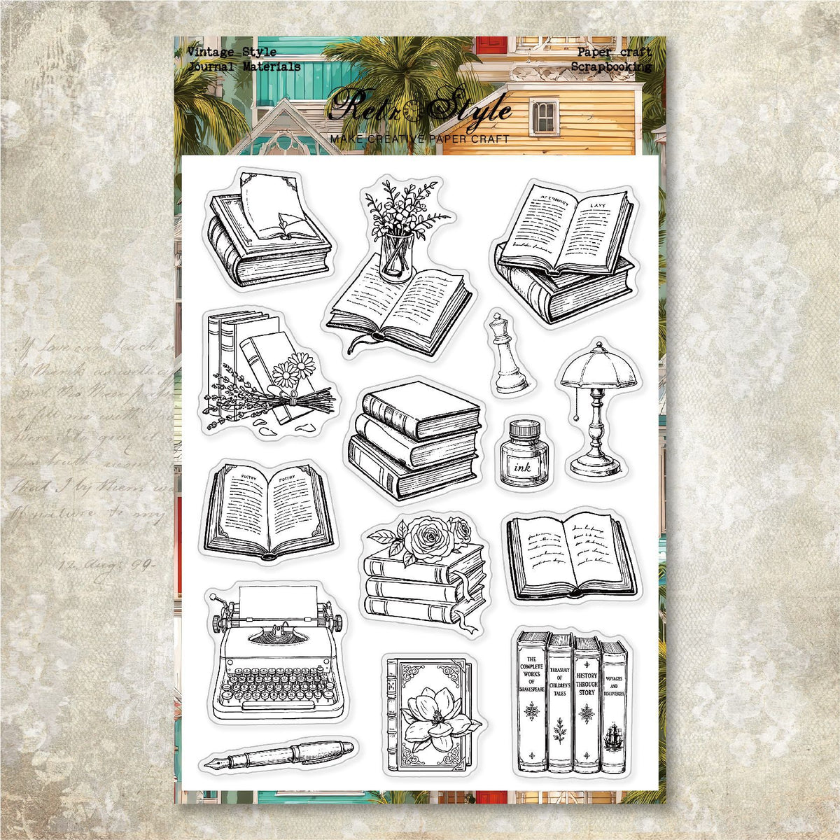 Vintage Book and Stationery background Stamp (15 x 20 cm)