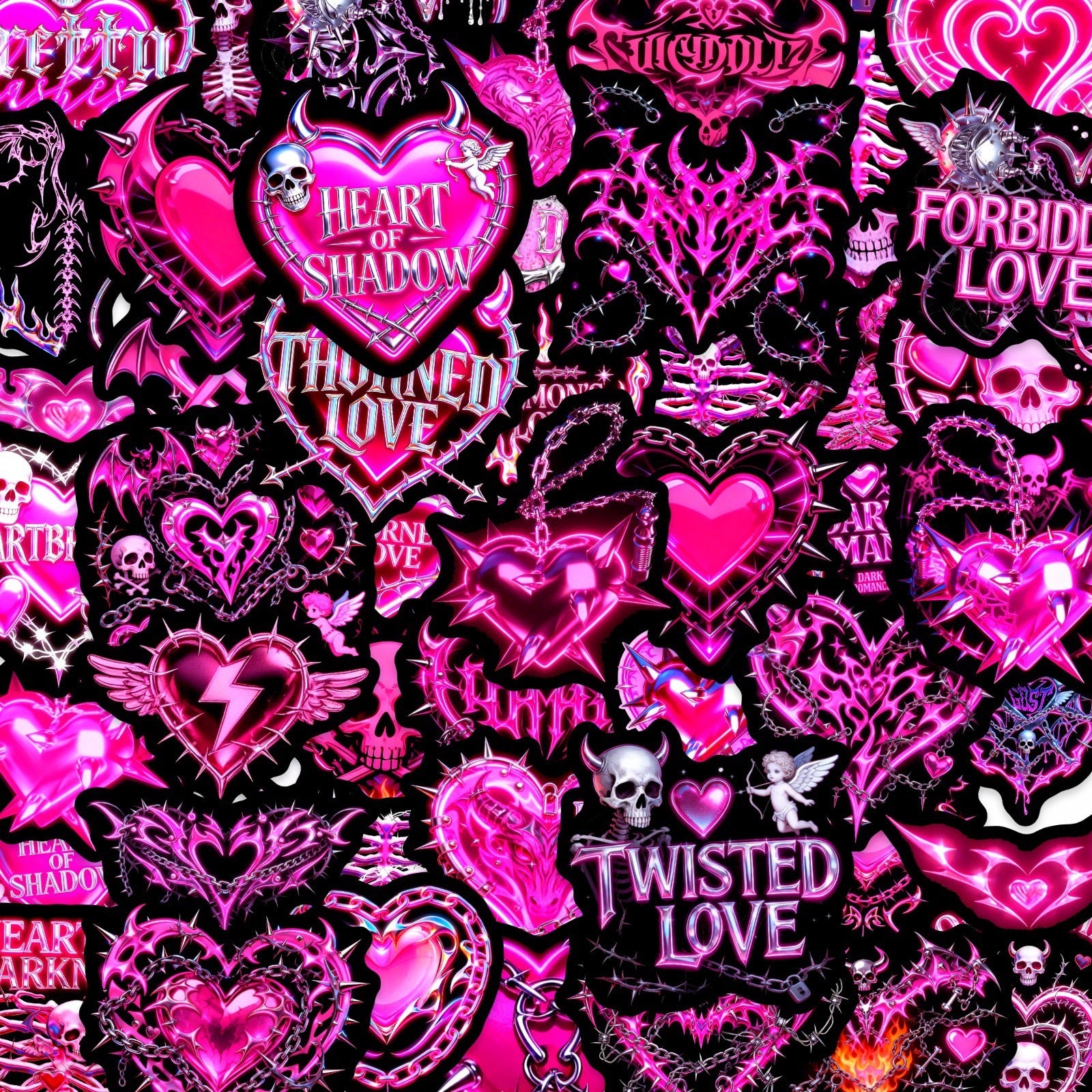 50 Gothic Pink and Black Heart Stickers solid with Black border