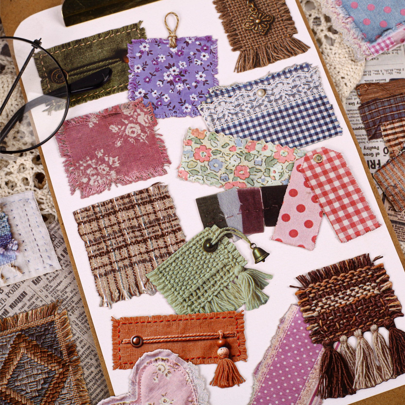 Vintage Fabric Journal Cardstock Stickers -15Pcs each pack