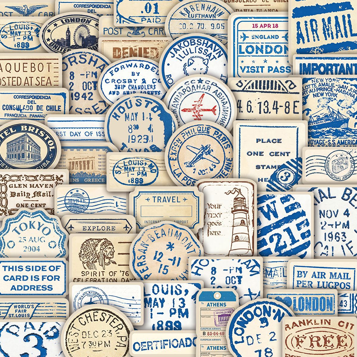 50 Vintage Travel Ticket Stubs Stickers solid with Light brown border