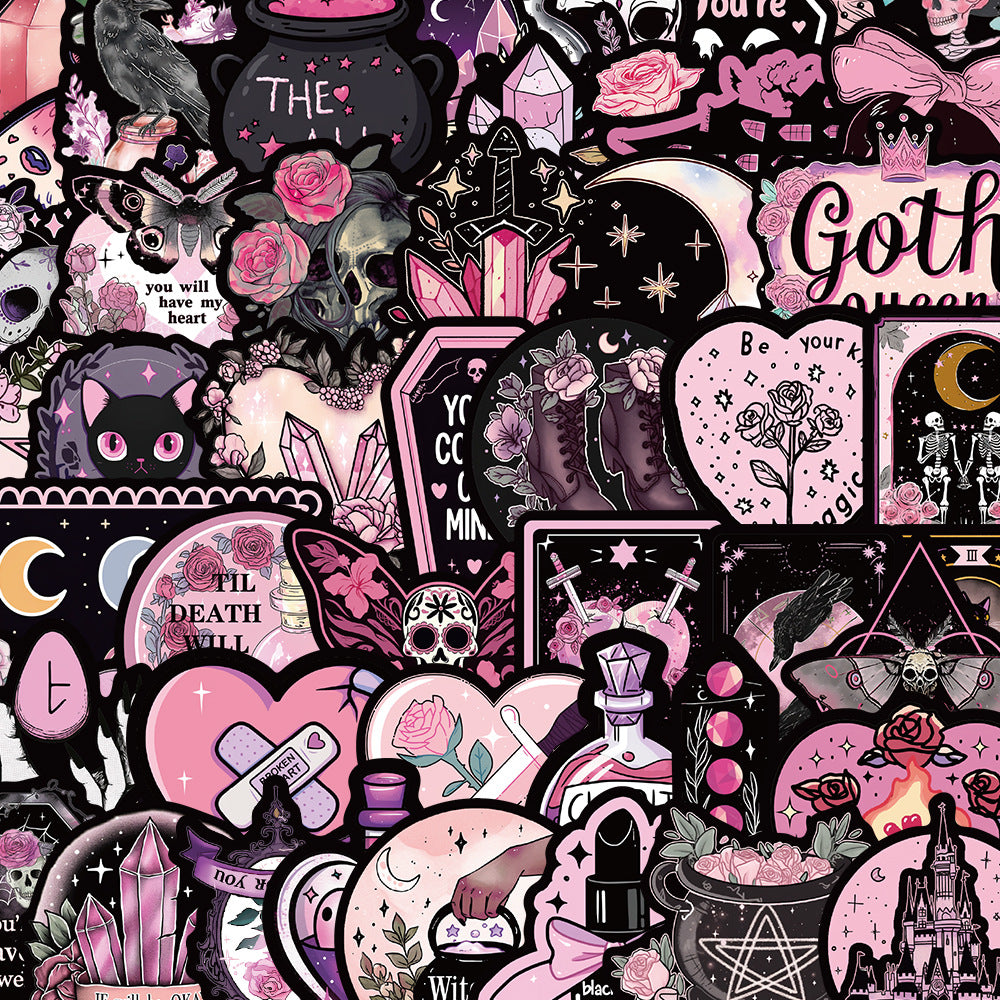 50 Pink goth Stickers solid with black border