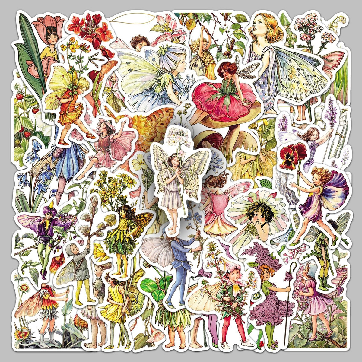 50 Vintage Flower Fairy Solid Sticker With White Border