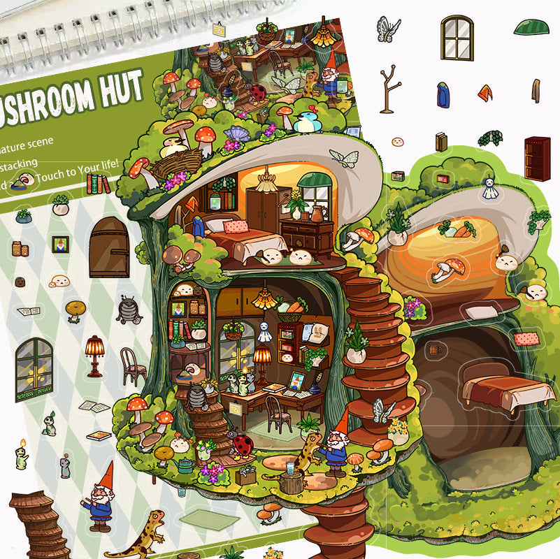 Vintage Mushroom Cottage scene stickers (1 White Card & 2 PET stickers)