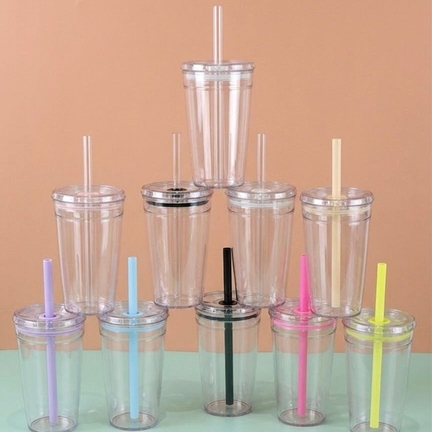 16oz Blank Clear Acrylic Tumbler with Lid & Color Straw – Perfect for Vinyl DIY
