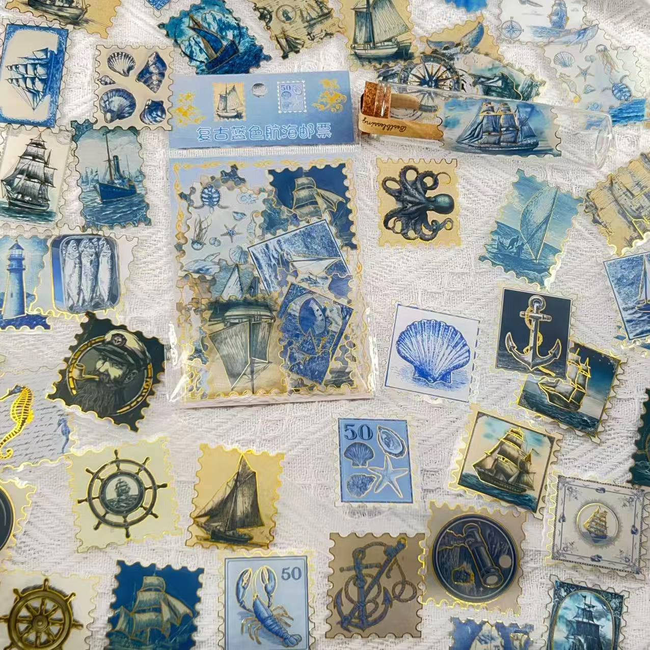 Vintage Blue Stamps PET Stickers -50Pcs each pack