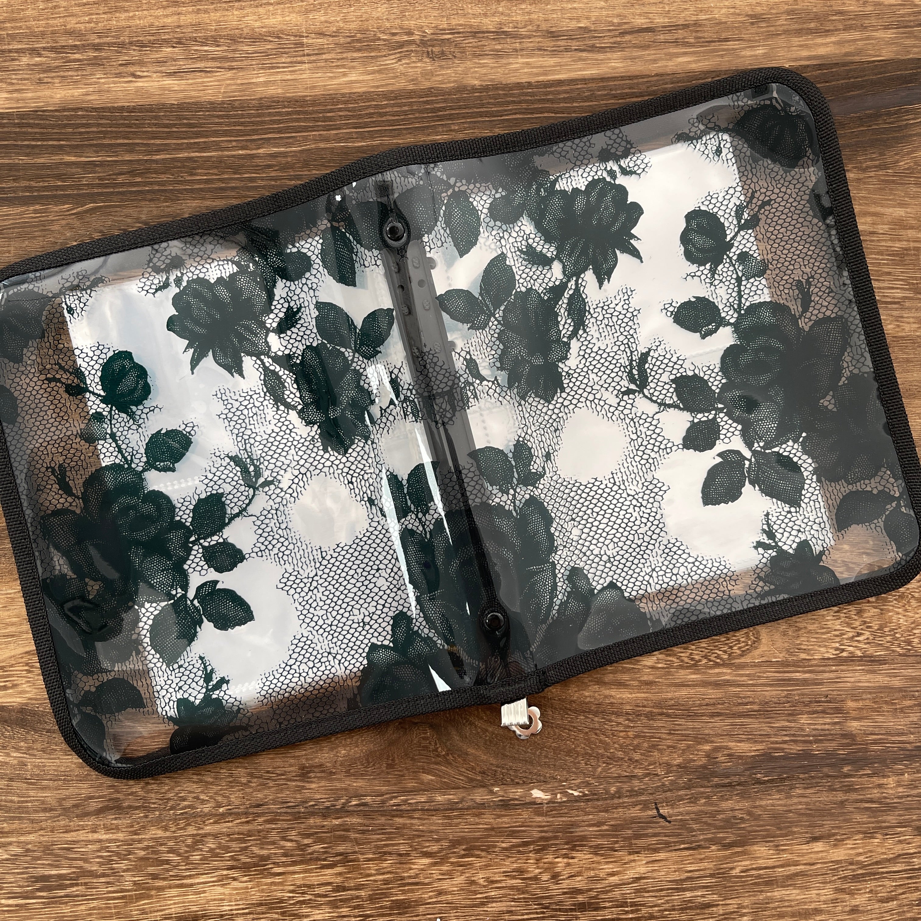 A5 Black lace rose clear binder with Zipper + 50 Pcs pocket insert, ATC cards storage book