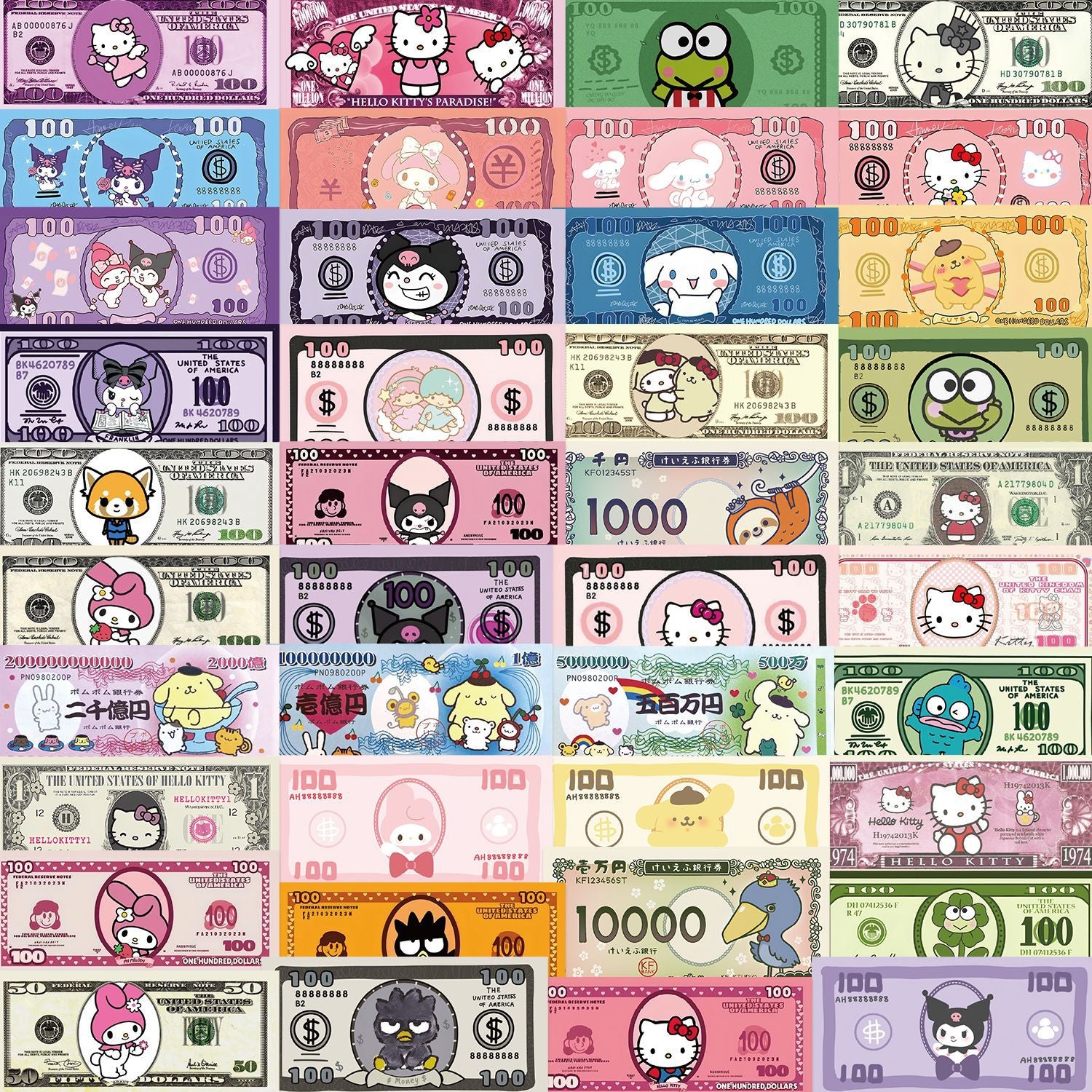 50 Cartoon character banknotes sticker