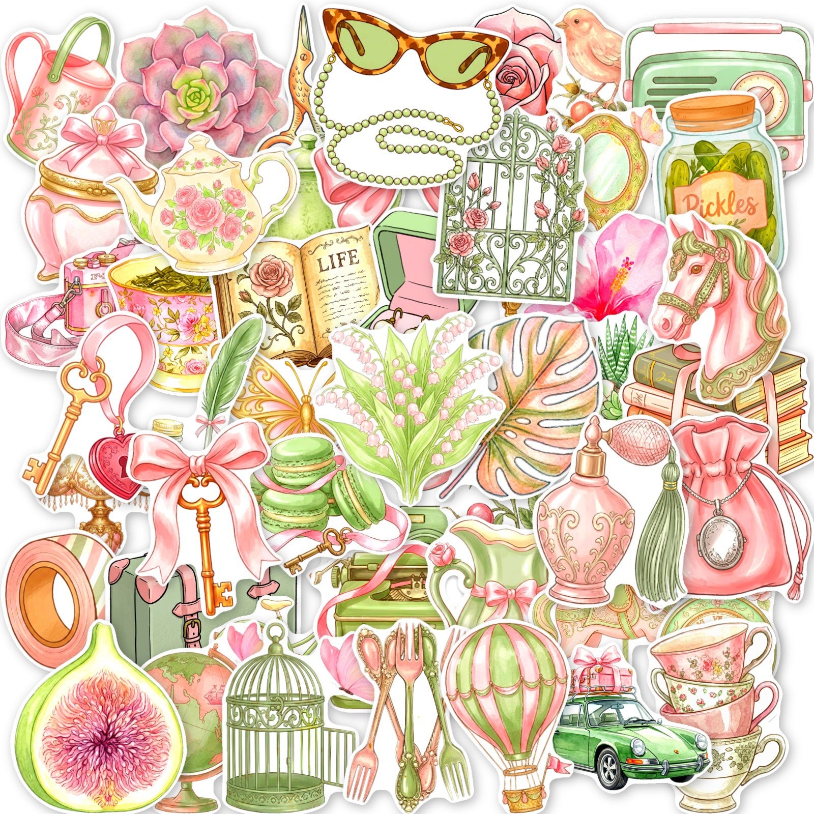 50 Vintage Pink and Green Girly Solid Sticker With White Border