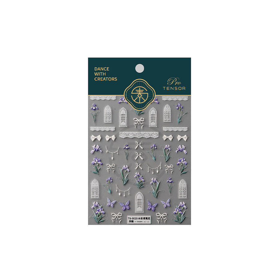 M9- Watercolor Iris Flower Embossed Mini sticker 1 Pcs