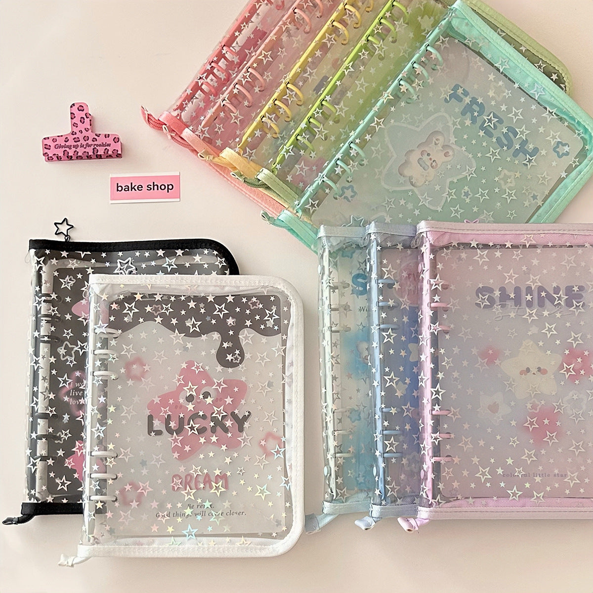 0701 A5 Glitter Stars clear binder with Zipper *not contain insert pages