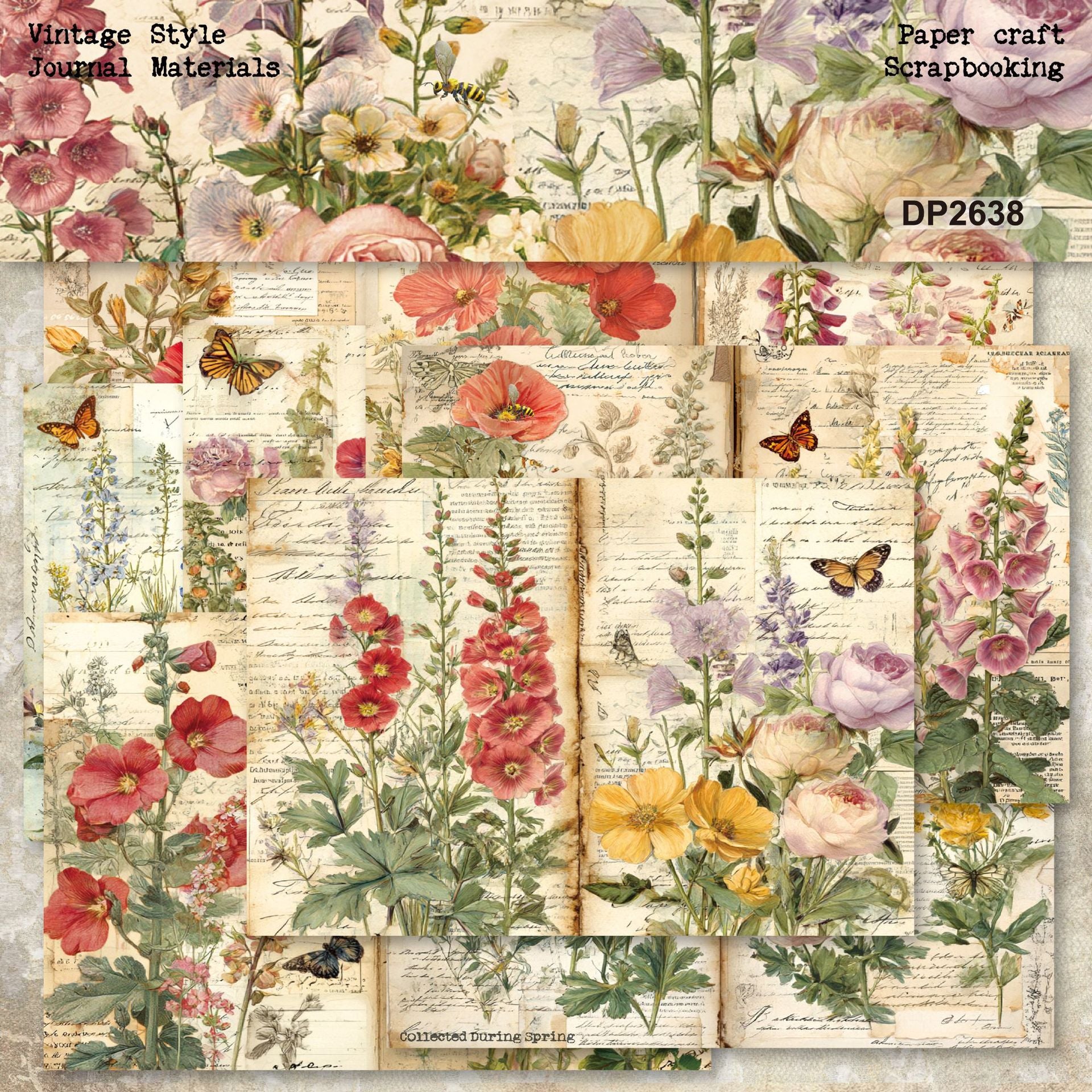 A5 Vintage Flower Background Paper -8Pcs each pack