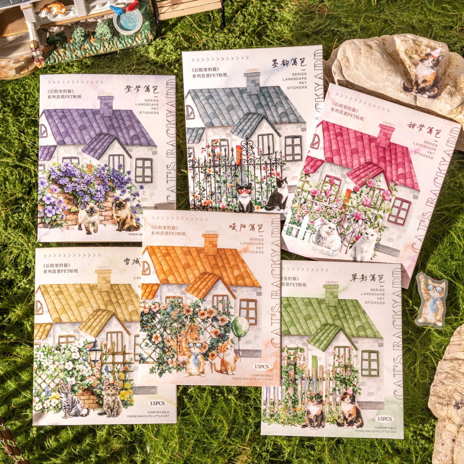 0317 Cat in the Backyard Series Sticker -15Pcs each pack