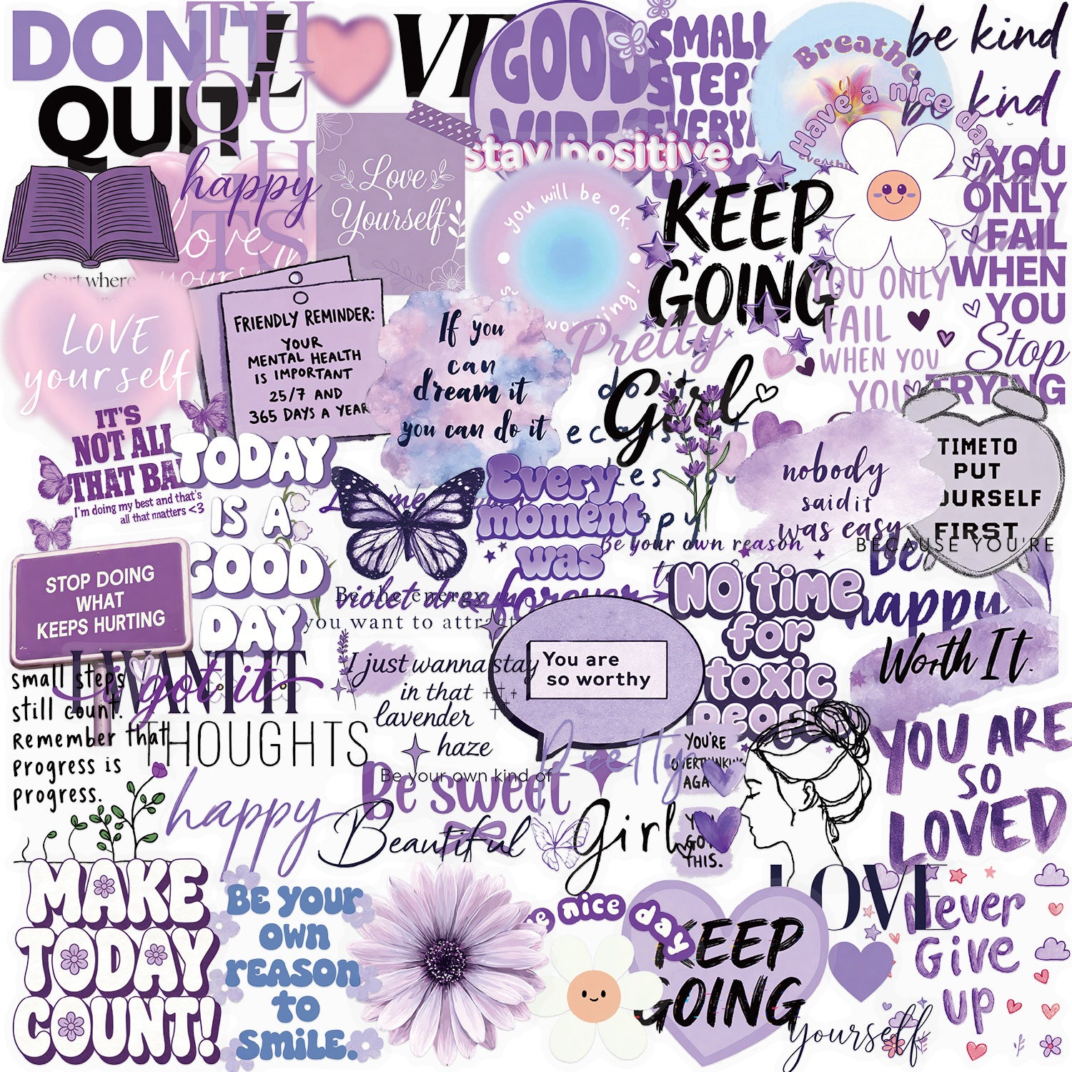 50 Purple Inspirational English Quotes PET Stickers