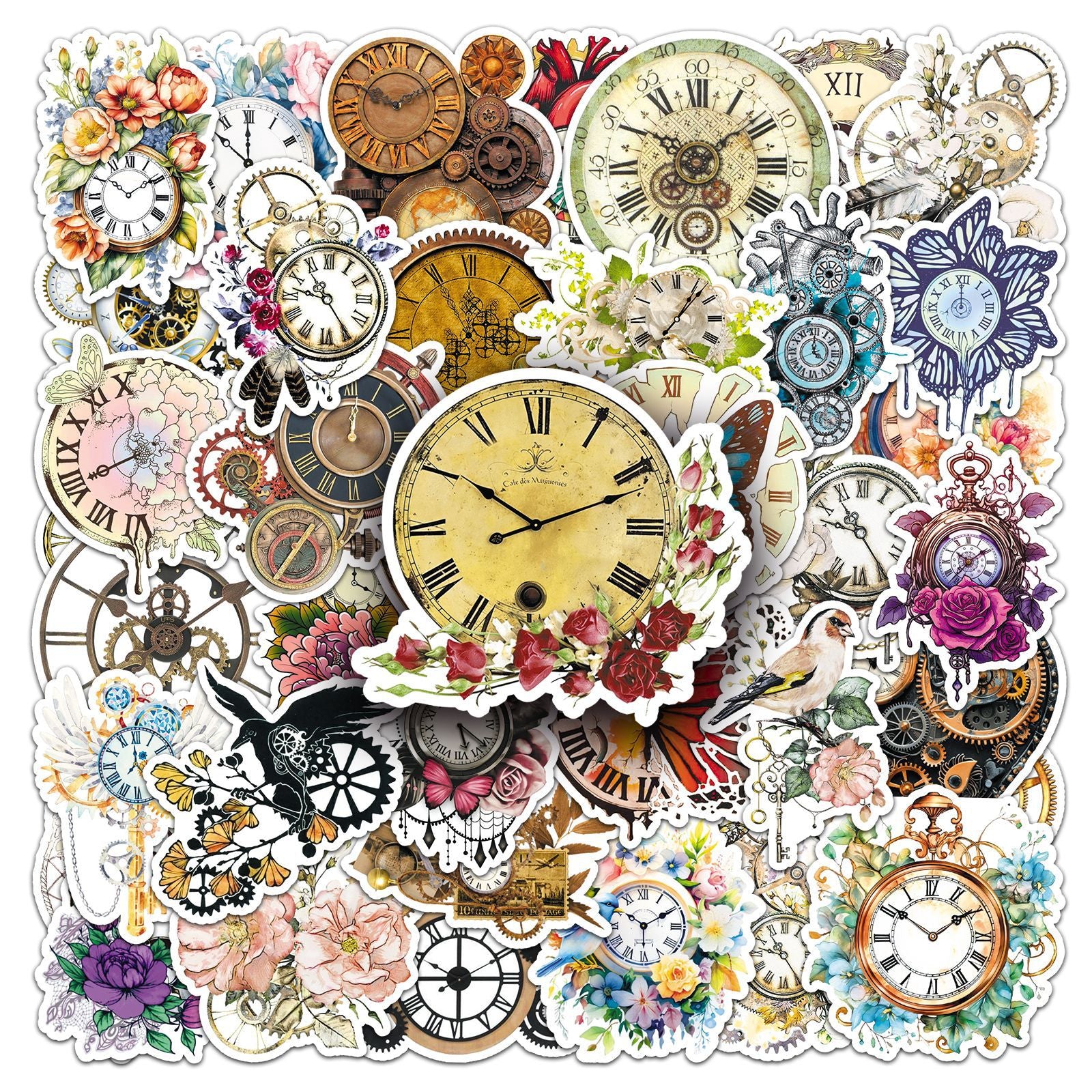 50 Vintage Mechanical Clock Solid Sticker With White Border
