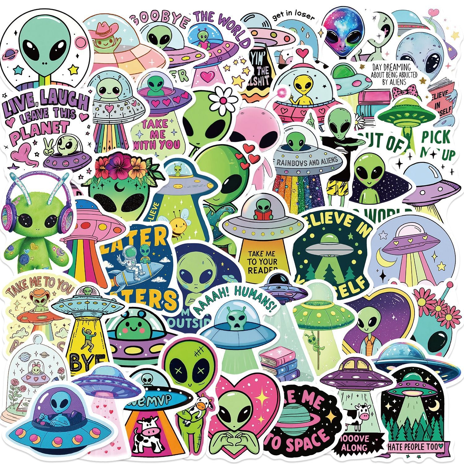 50 Vintage Alien Solid Sticker With White Border