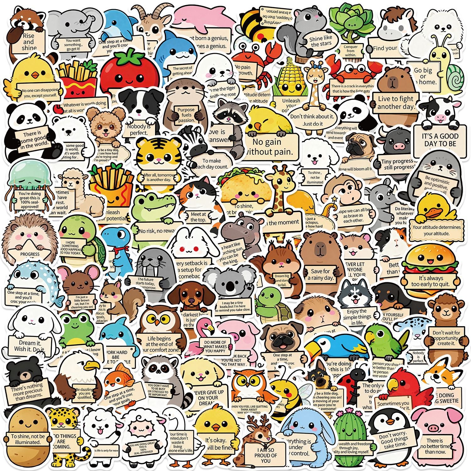 100 Cartoon animals Stickers solid with white border