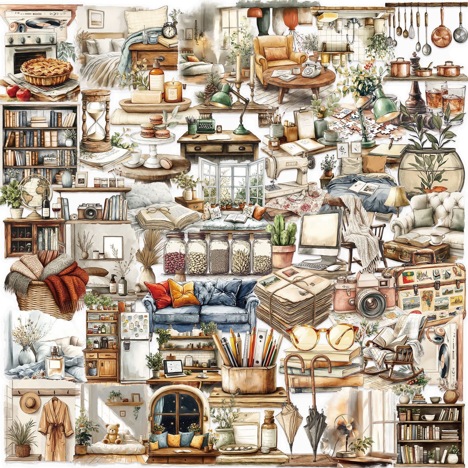 50 Watercolor Home Items PET Stickers