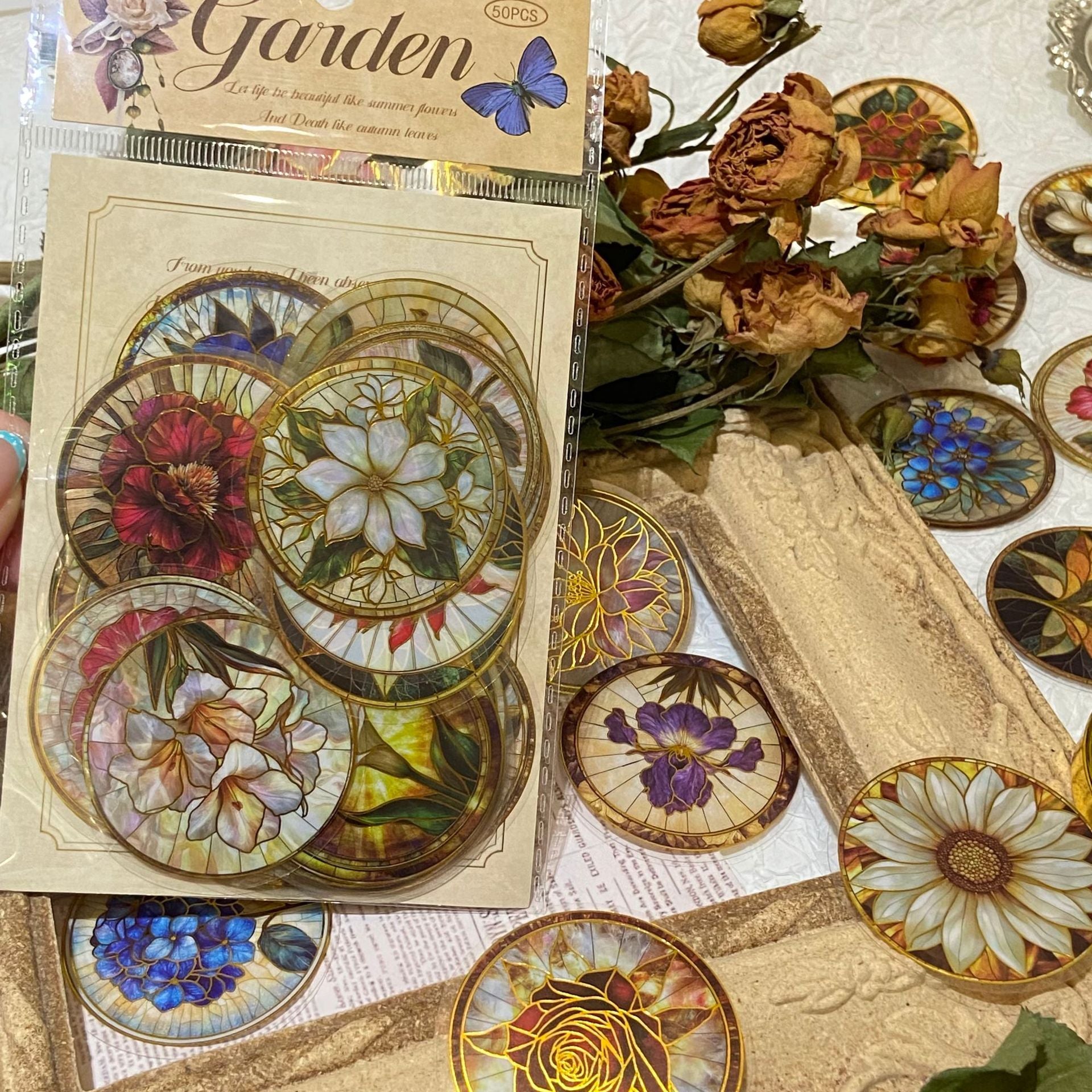 Round Glass Flowers PET Stickers -50Pcs each pack