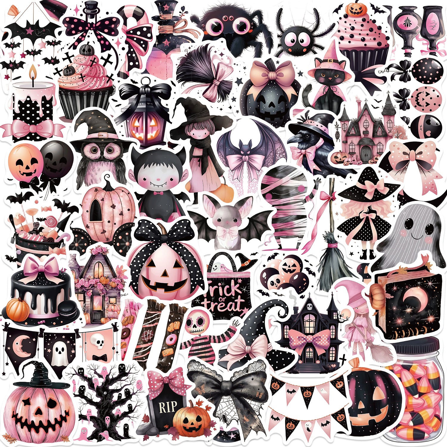 50 Black pink halloween Stickers solid with white border