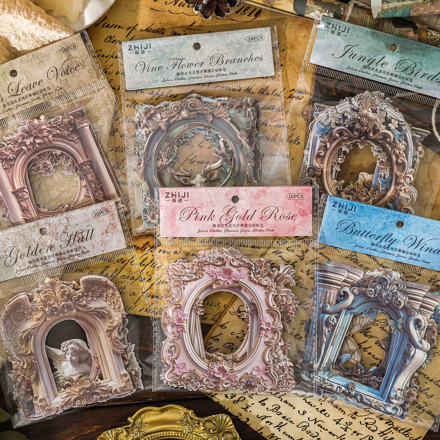 0407 Silver Feather Streamline Series Embossed die cut cardstock Sticker -10Pcs each pack