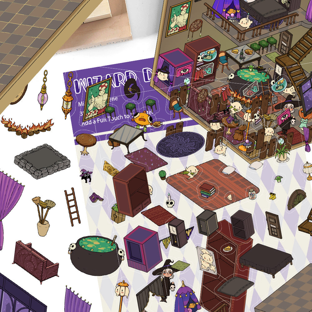 Vintage Wizard's Study scene stickers (1 White Card & 2 PET stickers)