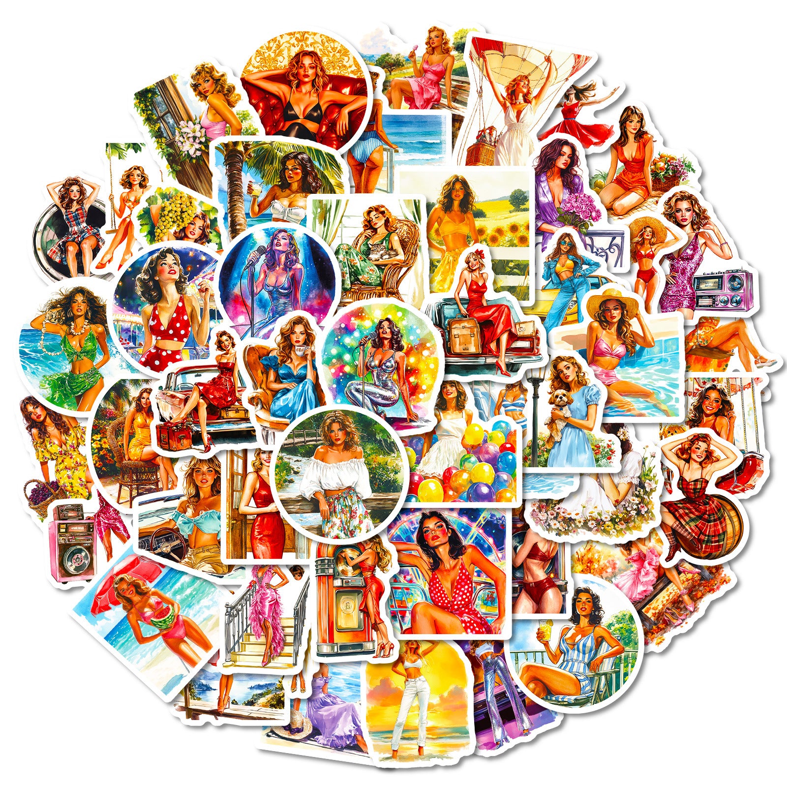 50 Vintage Girl Solid Sticker With White Border