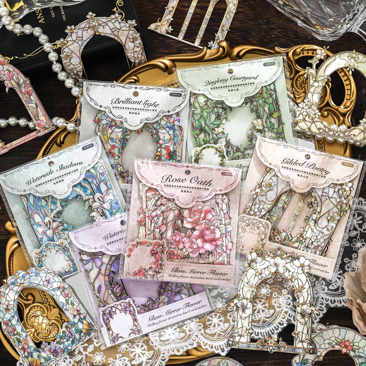 0313 Glass Mirror Flower Series die cut cardstock Sticker -10Pcs each pack