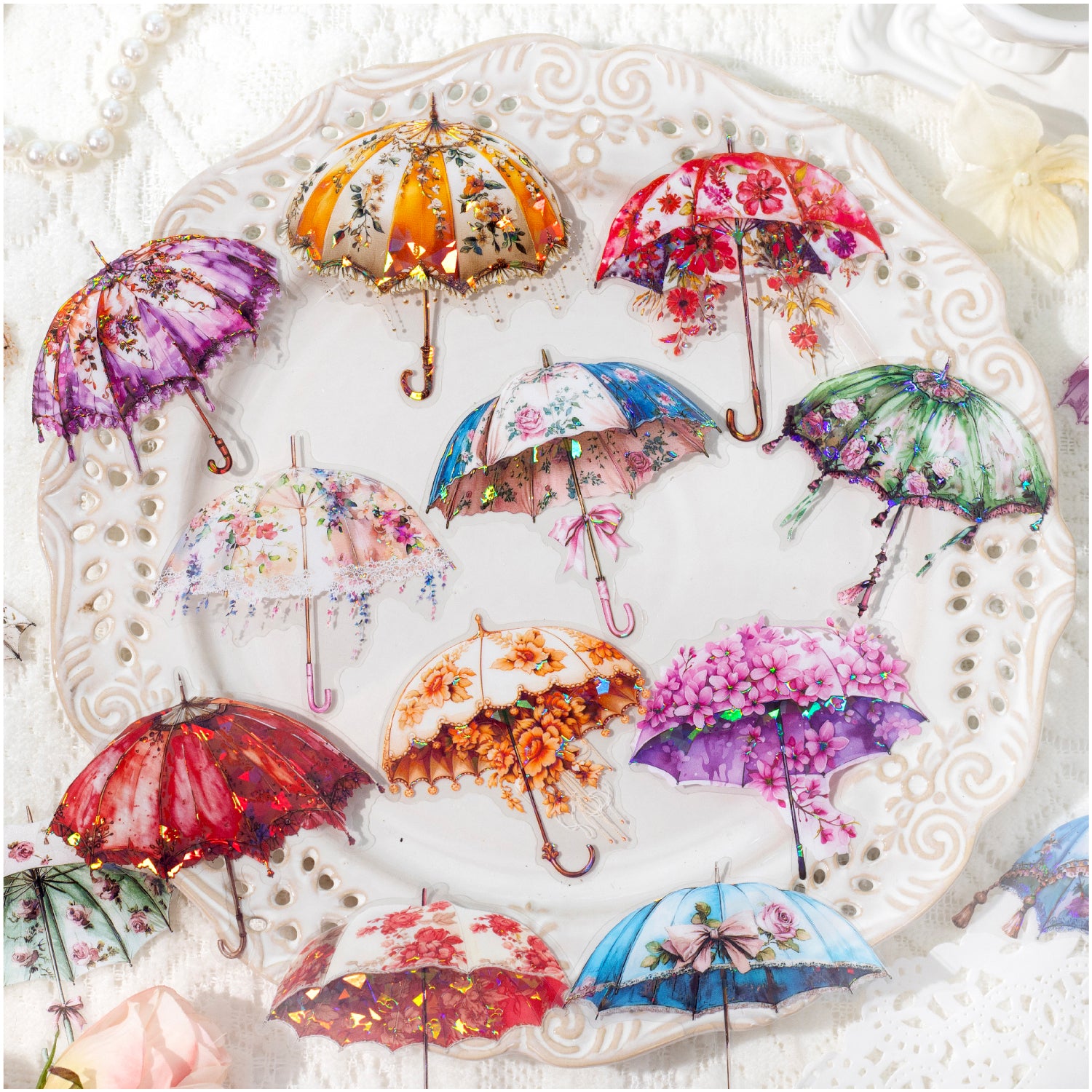 0729 Girl and flower umbrella PET Sticker -10Pcs each pack