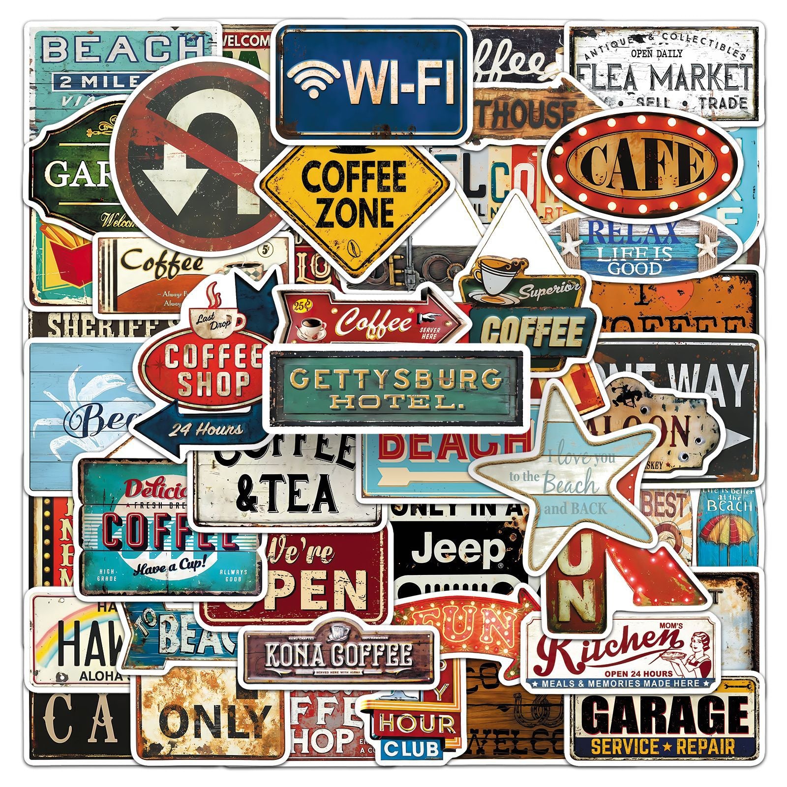 50 Vintage Signage Solid Sticker With White Border