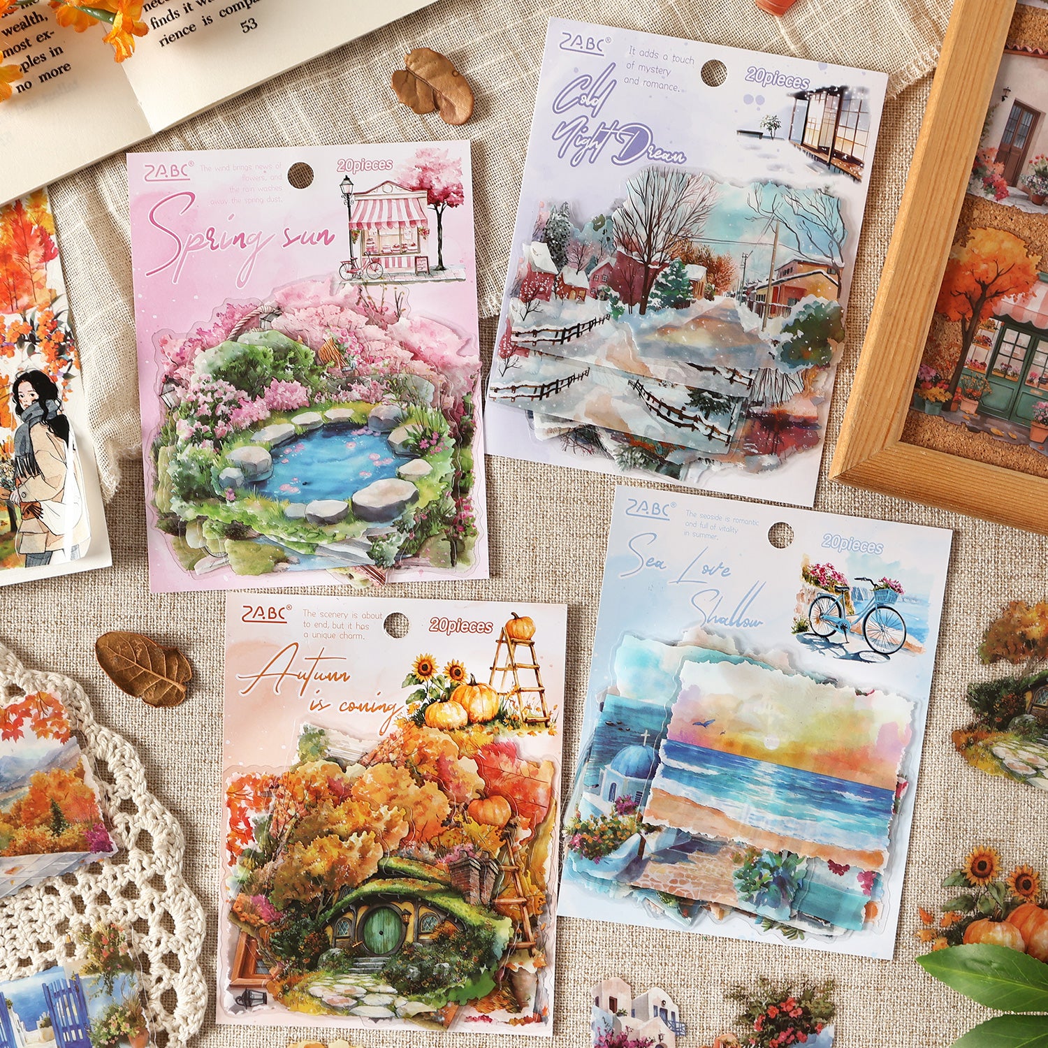 0726 Four seasons scenery PET die cut Sticker -20Pcs each pack