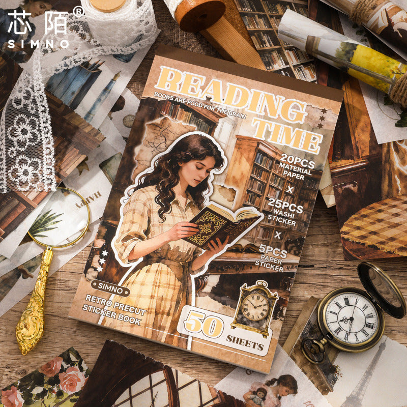 Reading Time Vintage Material Sticker Book -50Pcs each pack