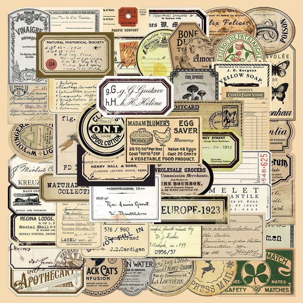 50 Vintage label Stickers solid with
